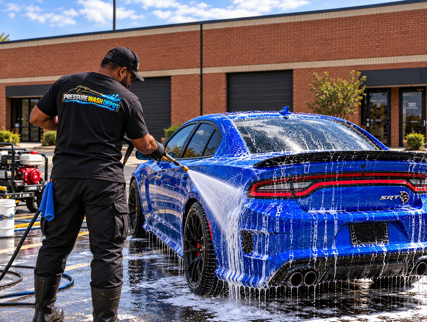 Pressure Wash Depot team member foam-washing a blue car