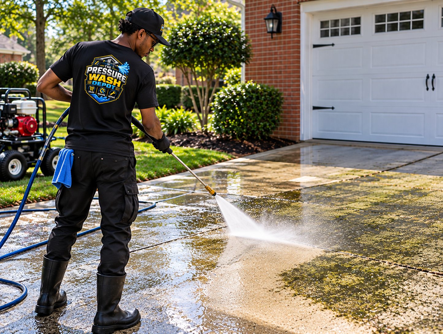 Pressure washing a stained driveway in front of a home