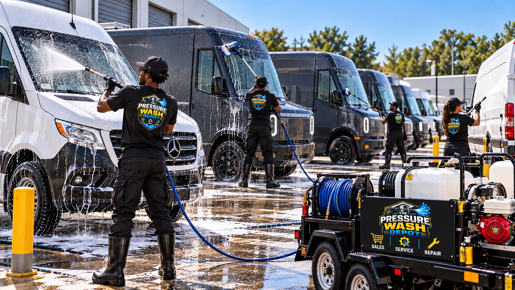 Crew washing a line of fleet vans