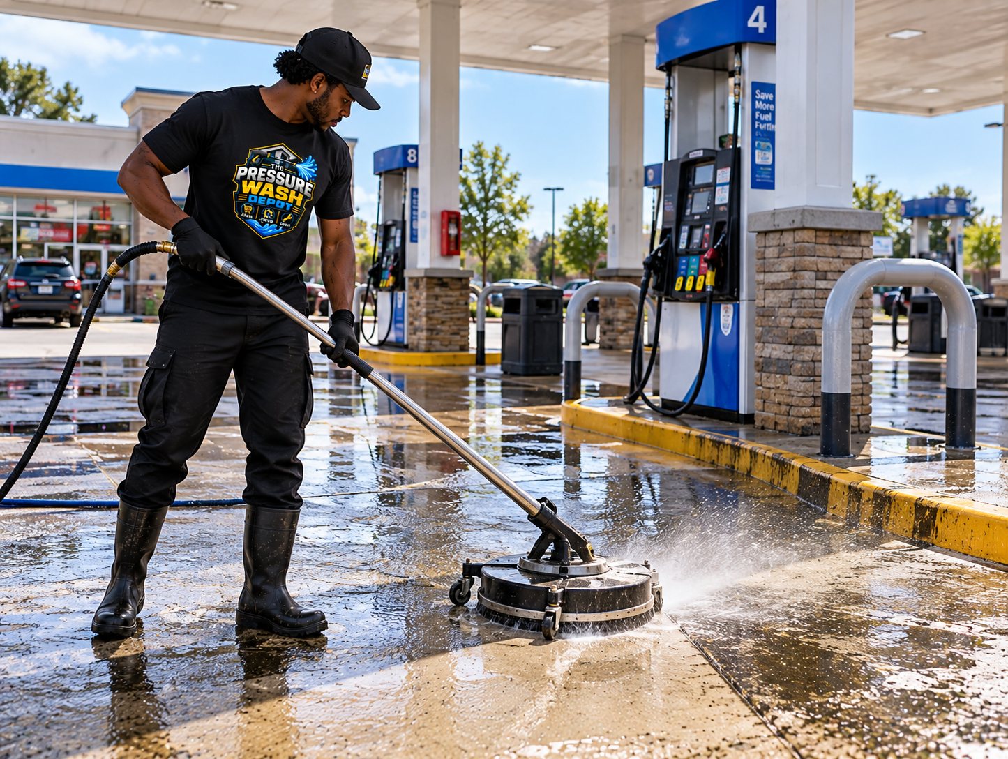 Surface cleaning a gas station pad